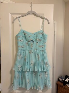 Self-Portrait Light Aqua Floral Pleated Mini Dress